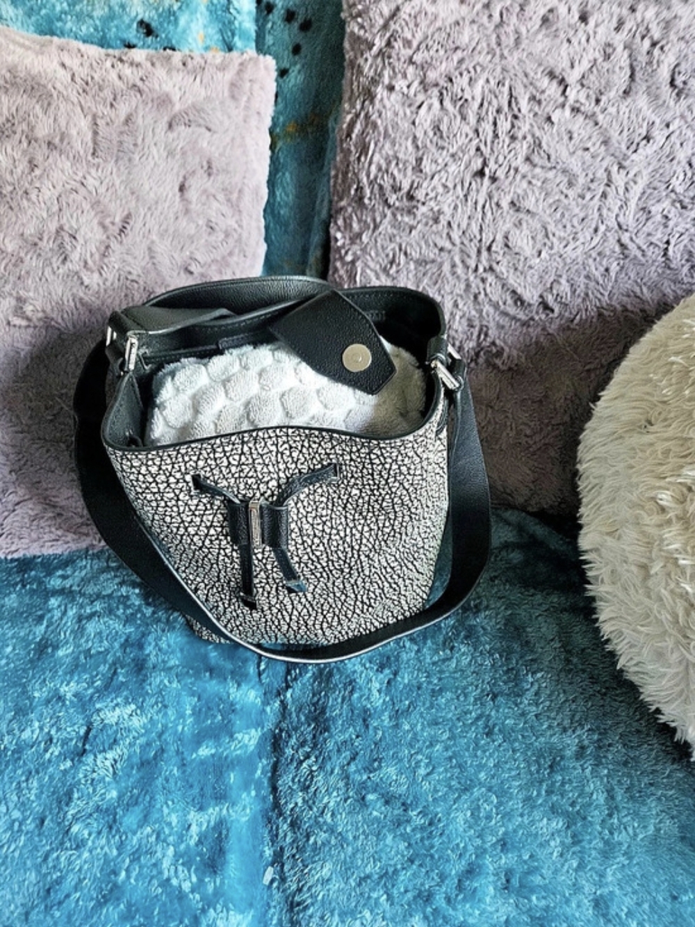 Calvin Klein Bold Bucket Bag Crossbody in Black & Beige